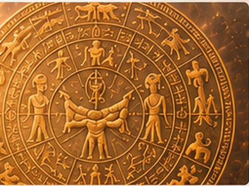 Golden circular Dendera-inspired zodiac artwork